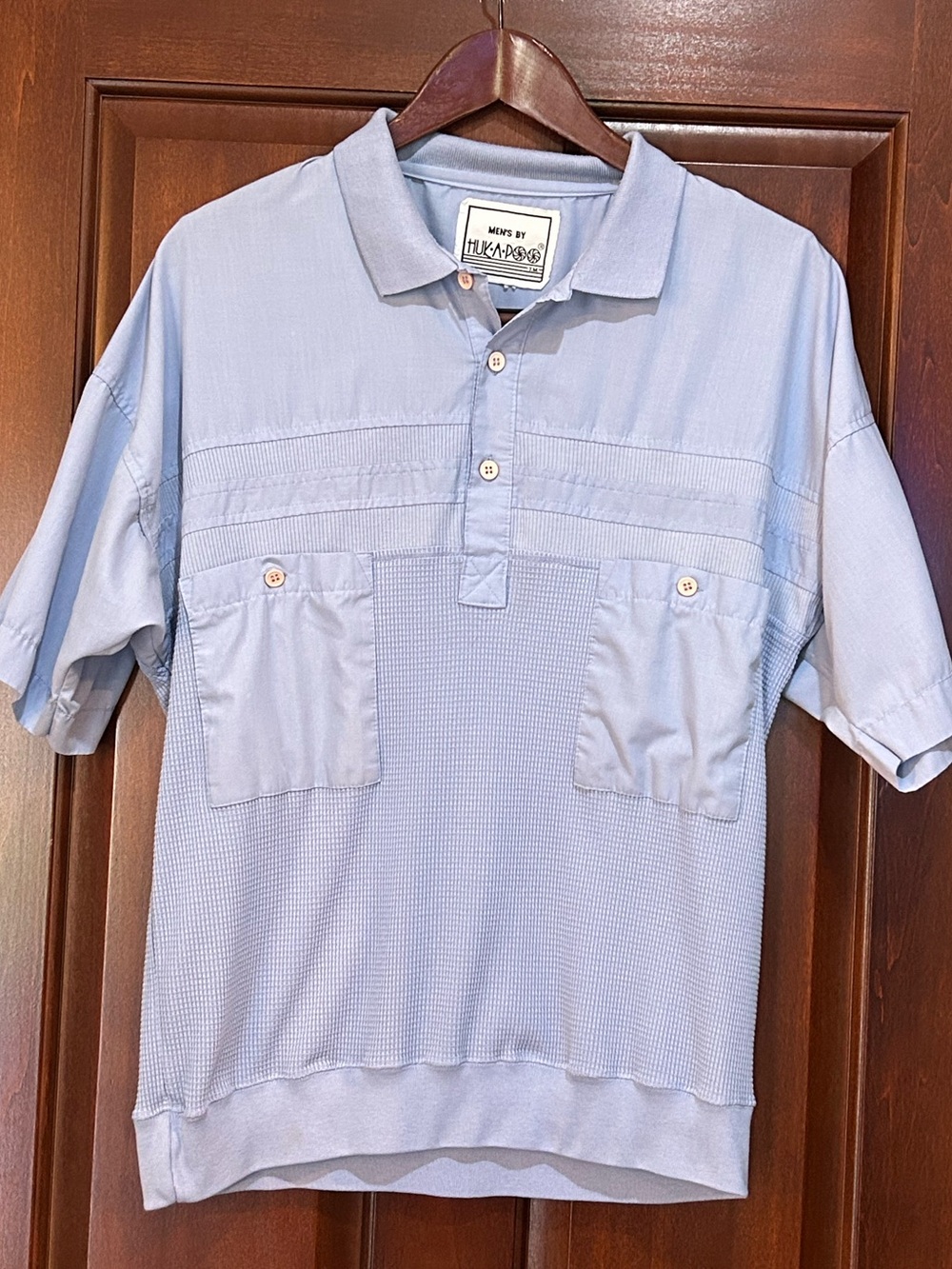 Vintage 70s Huk-A-Poo Blue Knit Panel Polo Shirt Mens Retro Leisurewear. Size L?